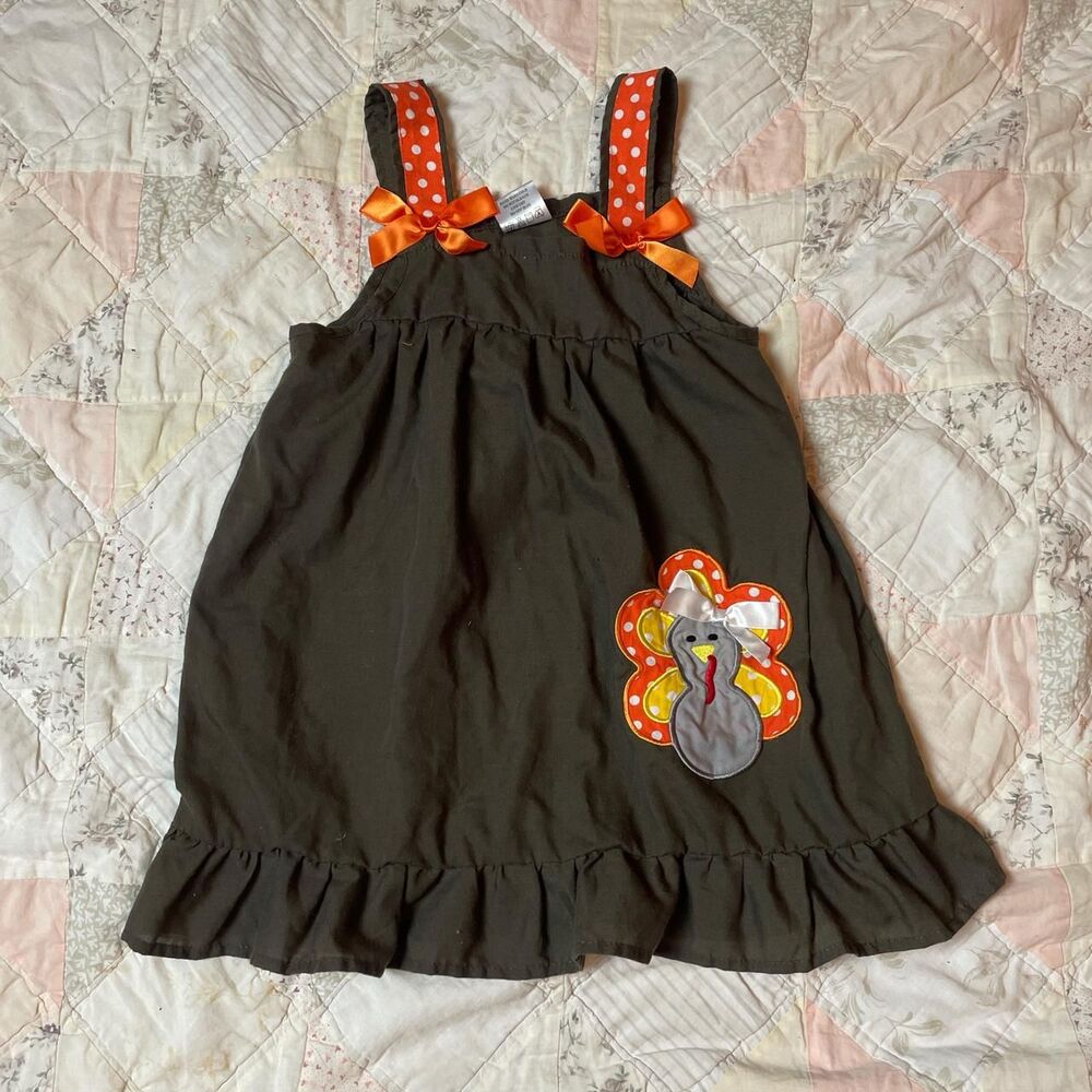 vintage y2k girls thanksgiving brown and orange dress turkey and bows medium